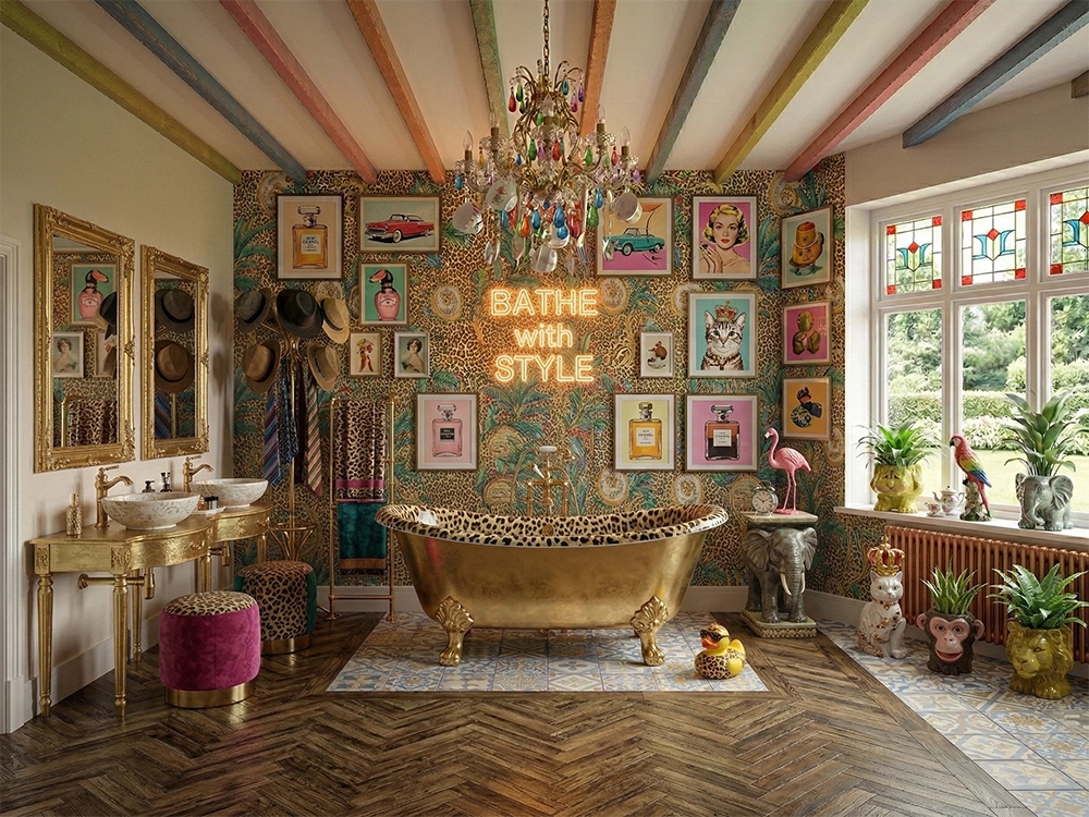 Красивая золотая ванна на массивных ножках, леопардовые стены, неоновая вывеска и умывальники.