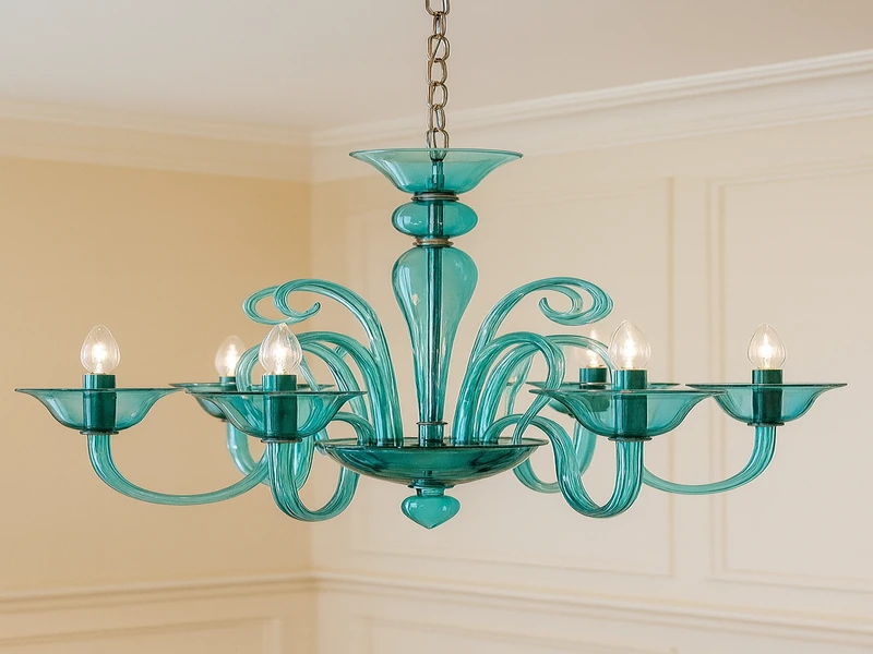 Красивые шторы на окне и люстра с декором в интерьере современной городской квартиры