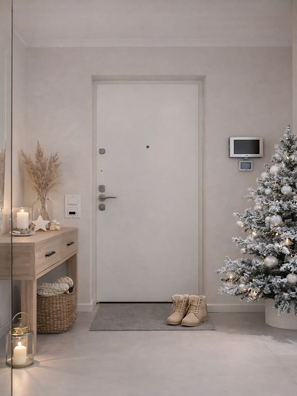 Интерьер прихожей со светлым ламинатом, белой дверью и темными межкомнатными полотнами в современном коридоре.