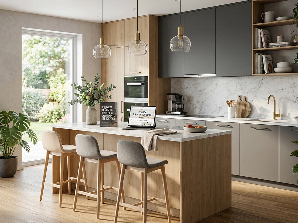 Просторная современная кухня оборудована большим рабочим островом тремя высокими стульями и духовкой