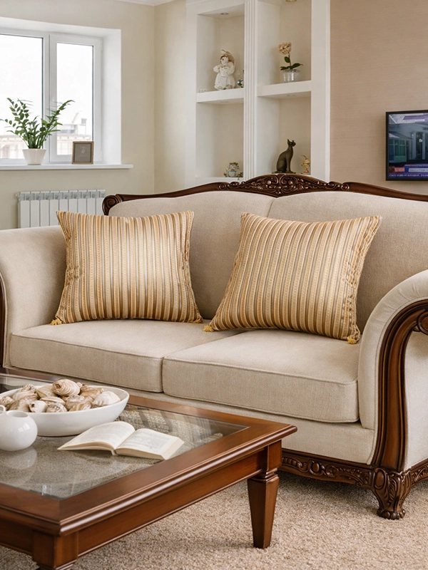 Сочетание однотонных бежевых и бордовых декоративных подушек на светлой обивке мягкой мебели