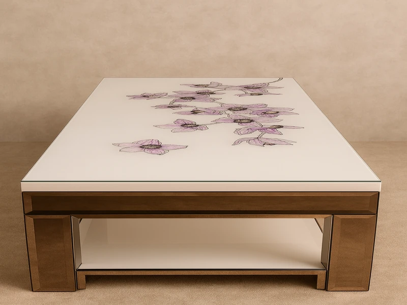 Прозрачное стекло с рисунком лежащее на деревянном столе как альтернатива скатерти в дизайне