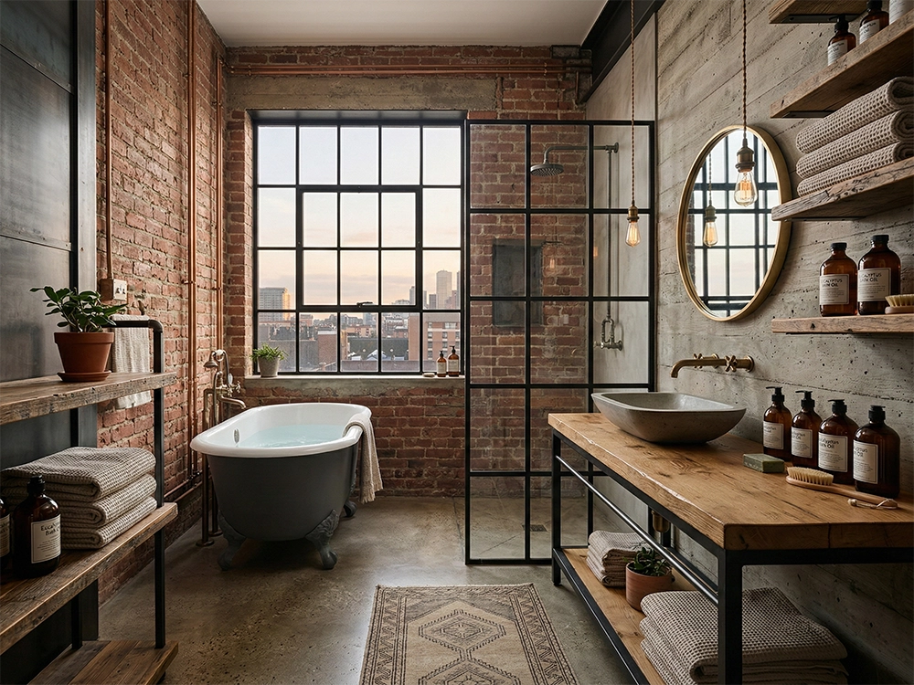 Ванная комната с кирпичной стеной отдельно стоящей ванной стеклянной перегородкой и деревянной тумбой