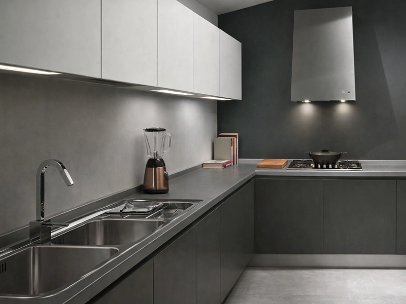 Светло-серые стены в интерьере с белым плинтусом и полом