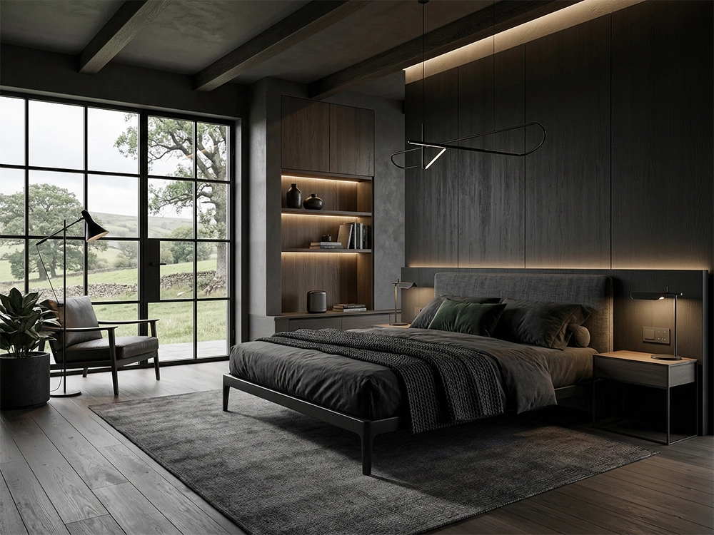 Темная спальня, деревянные настенные панели, серая двуспальная кровать, стеллаж со встроенной подсветкой
