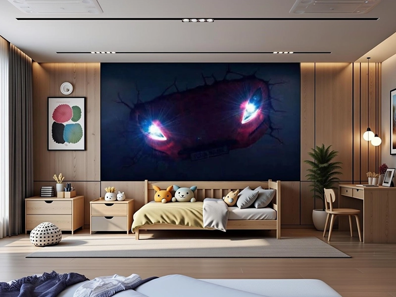 Яркая настольная лампа или торшер как цветовой акцент в освещении детской комнаты