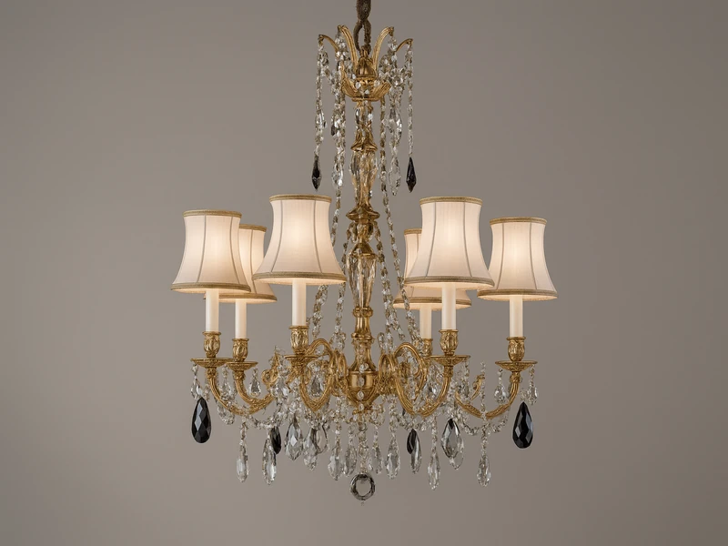 Интерьер комнаты с оформленным окном и включенной люстрой создающий уютное освещение пространства