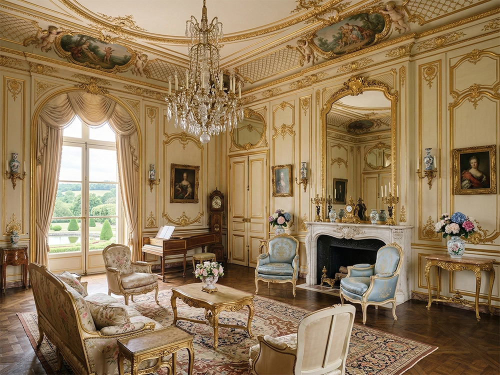 Светлая гостиная с камином, зеркалами, хрустальной люстрой, голубыми креслами и золотым декором стен.