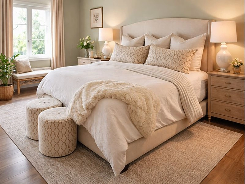 Текстиль с оригинальным растительным узором в синей гамме для оформления современного интерьера спальни