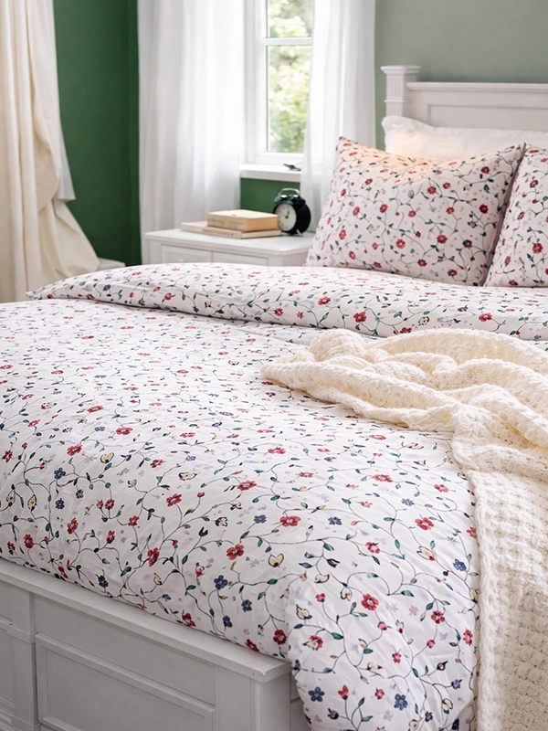 Ткань для штор с мелким цветочным принтом в голубых и бежевых тонах для интерьера комнаты в стиле кантри