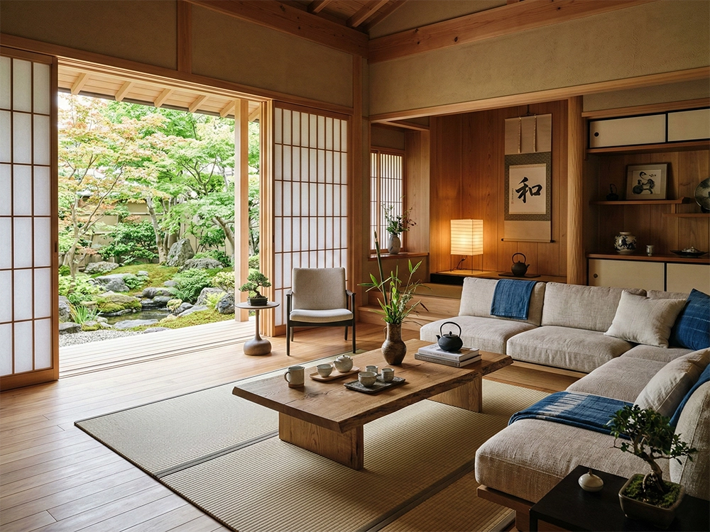 Бежевый диван, прямоугольный деревянный стол около традиционных раздвижных перегородок ухоженного зеленого сада.