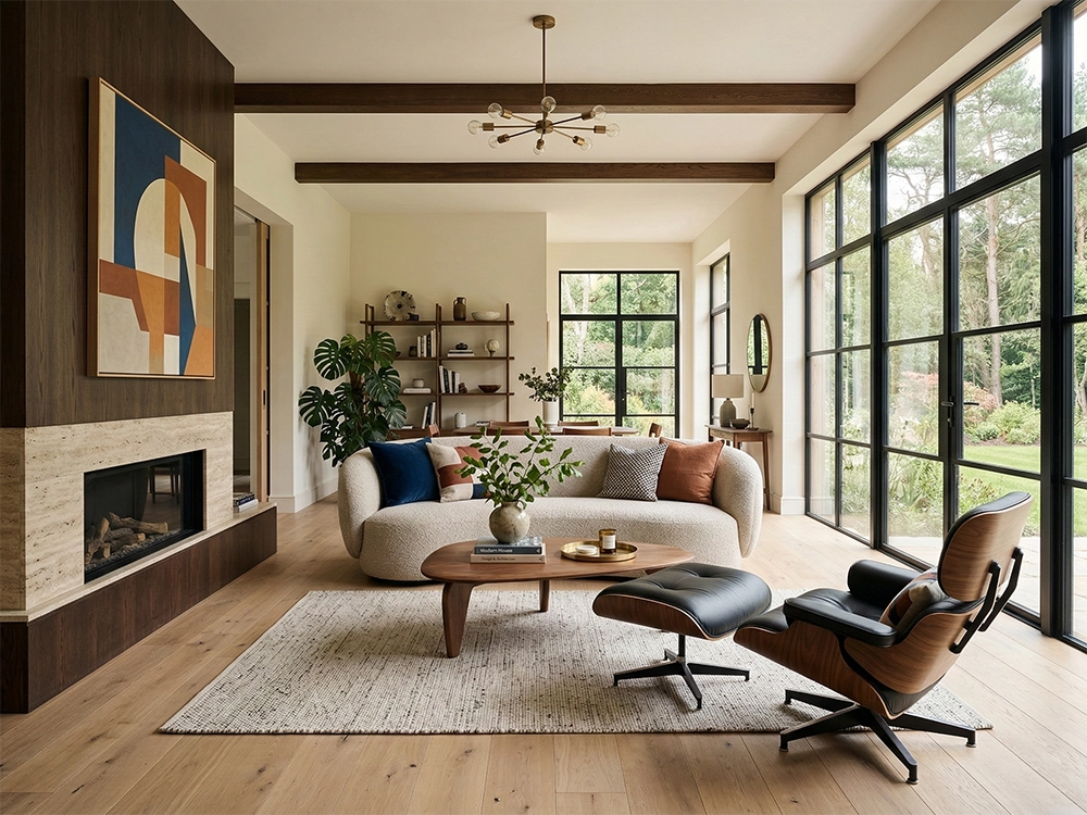 Белый изогнутый диван, кожаное кресло с подставкой для ног и камин у панорамного окна.