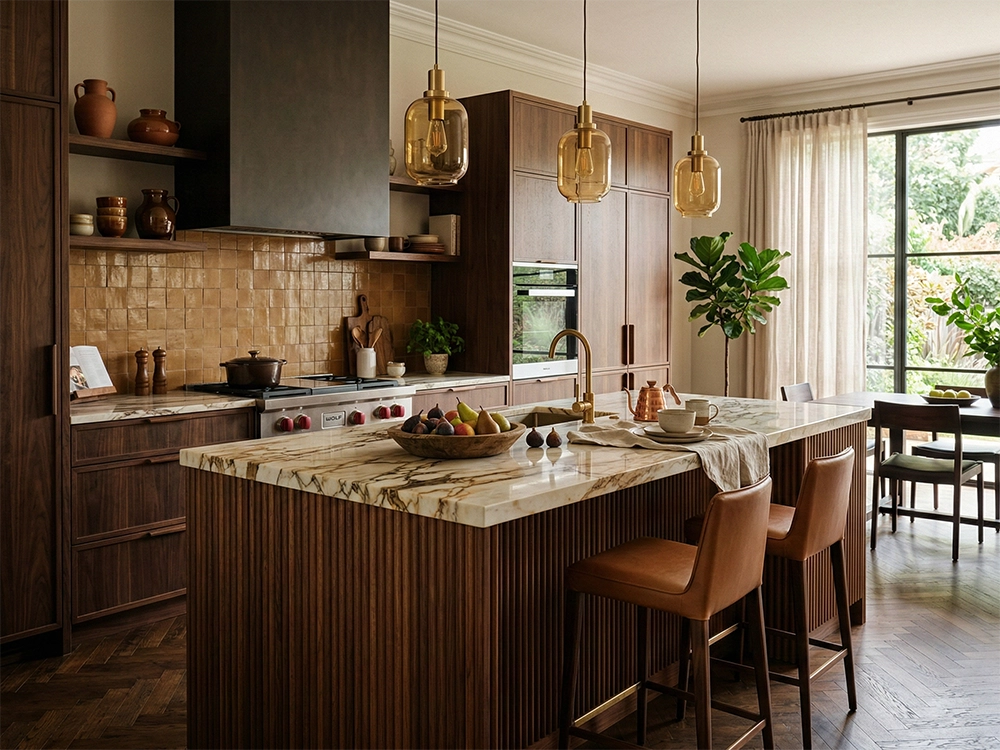 Деревянный кухонный гарнитур, остров с мраморной столешницей и кожаными барными стульями.