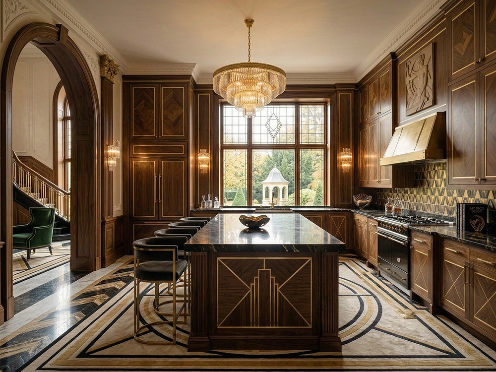Деревянная кухня с большим мраморным островом, черными барными стульями и люстрой.