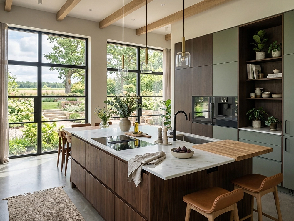 Кухонный остров с мраморной столешницей, зеленые шкафы и деревянные полки возле окна.