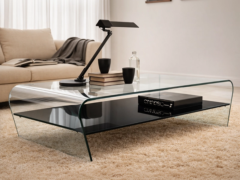 Прямоугольный ковер насыщенного коричневого цвета с высоким ворсом на светлом ламинате в жилой комнате