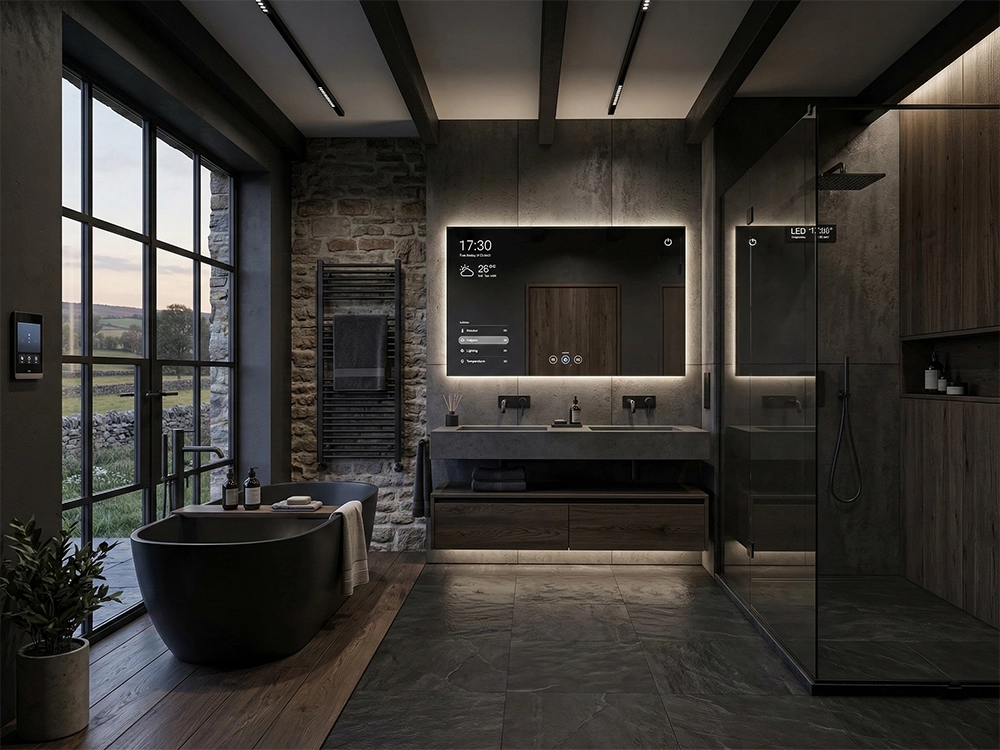 Темная ванная комната, черная ванна, умное прямоугольное зеркало, стеклянная душевая кабина, окно