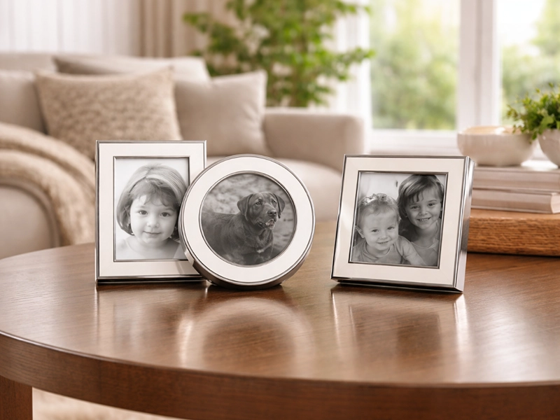 Фоторамки с хромированной глянцевой рамкой для украшения полок в интерьере современной гостиной комнаты