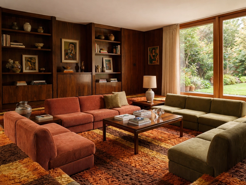 Вельветовый терракотовый угловой диван и деревянный стол на горчичном ковре возле оливковой стены.