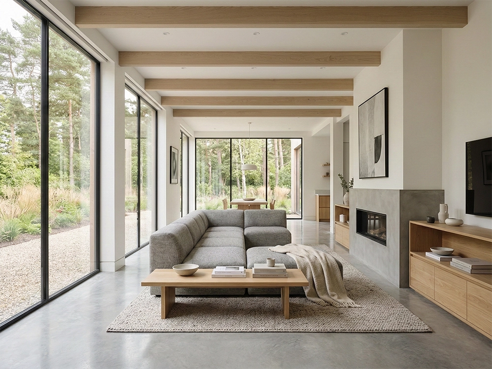 Просторная гостиная с серым диваном камином и большими окнами