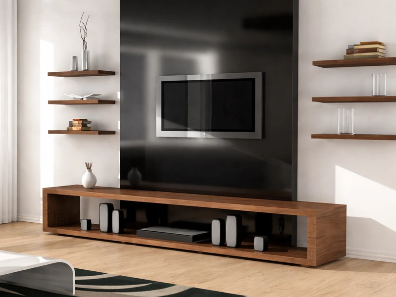 Чертеж стены с телевизором и навесными шкафами