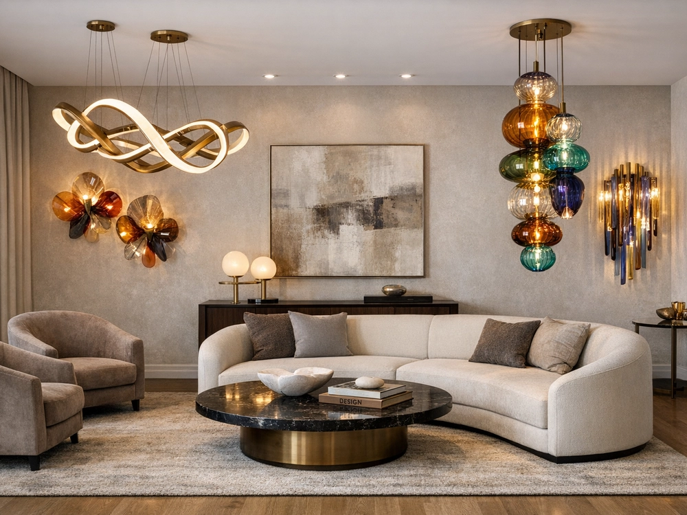 Композиция из подвесных светильников и бра на стенет