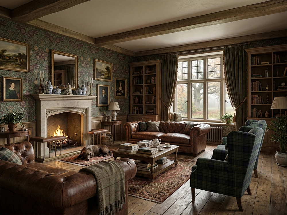Кожаные диваны, зеленые клетчатые кресла, каменный камин, книжные шкафы, обои с орнаментом