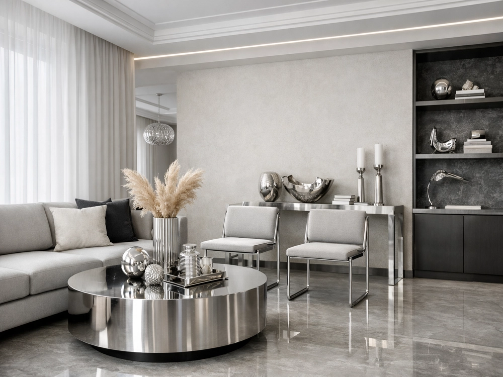 Просторная гостиная с обеденной зоной и серебристой мебелью
