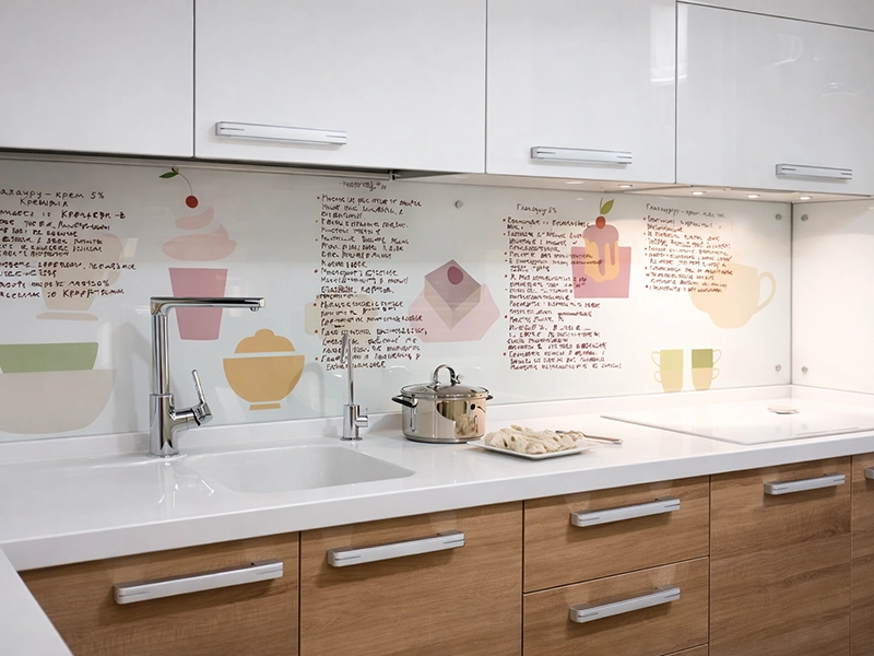 Светлый кухонный гарнитур с фартуком из стекла