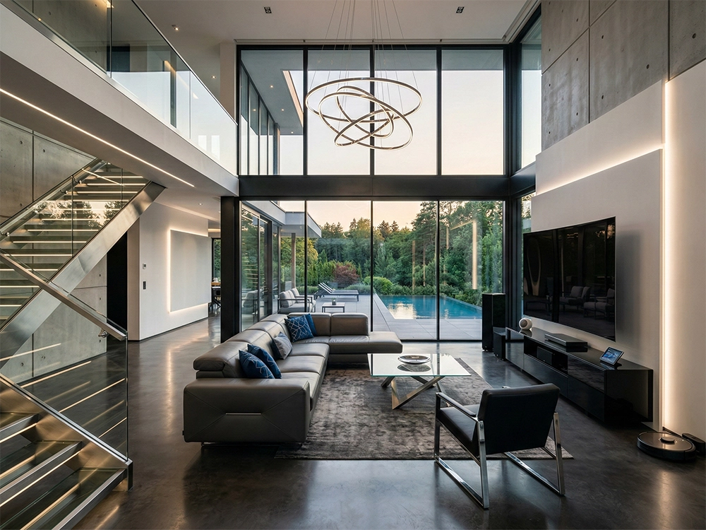 Просторная гостиная с бетонной отделкой, большим угловым диваном, панорамным окном, телевизором и люстрой.