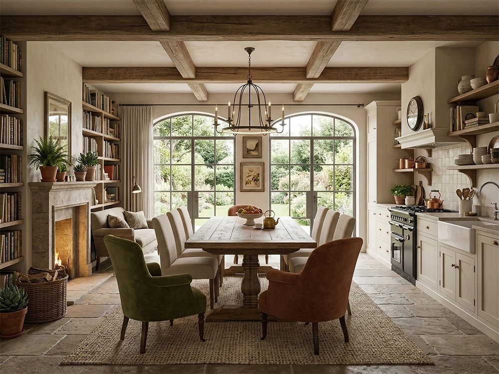 Деревянный обеденный стол, мягкие стулья, арочные окна, светлые кухонные шкафы, черная плита