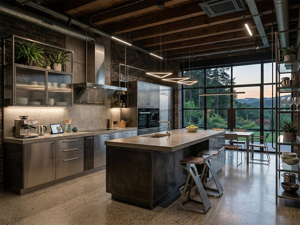 Интерьер кухни с большим металлическим островом, бетонными поверхностями и панорамным остеклением.