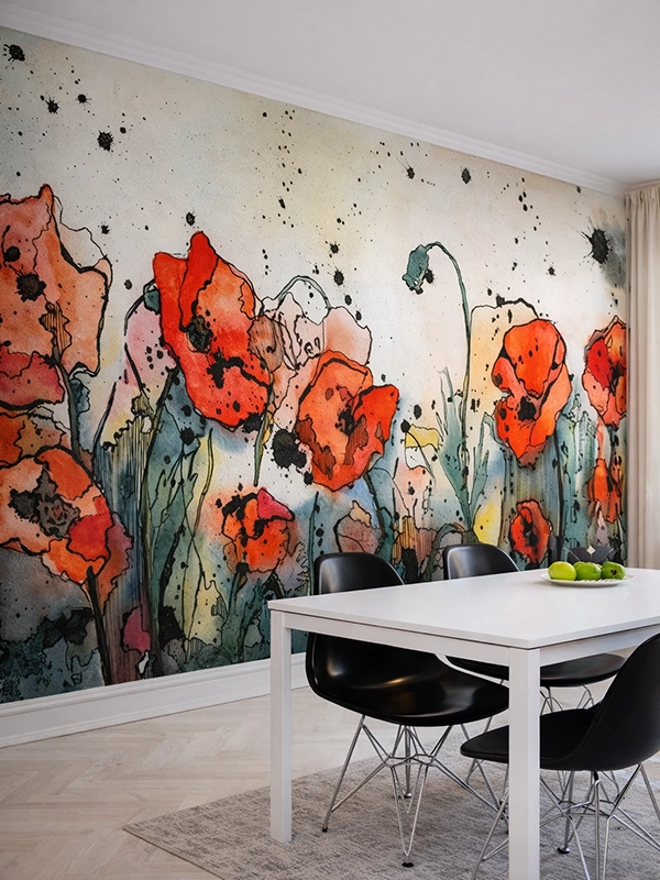 Стена с крупным цветочным принтом в интерьере