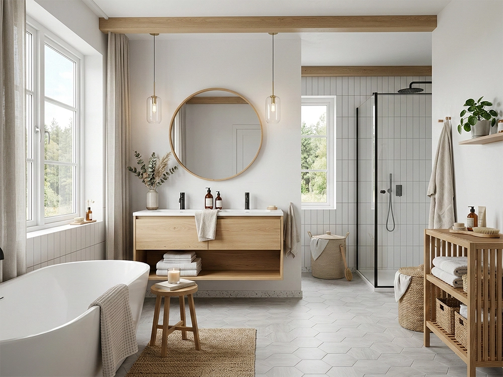 Отдельностоящая белоснежная ванна, деревянная тумба, встроенные раковины, прозрачная душевая, панорамное окно.