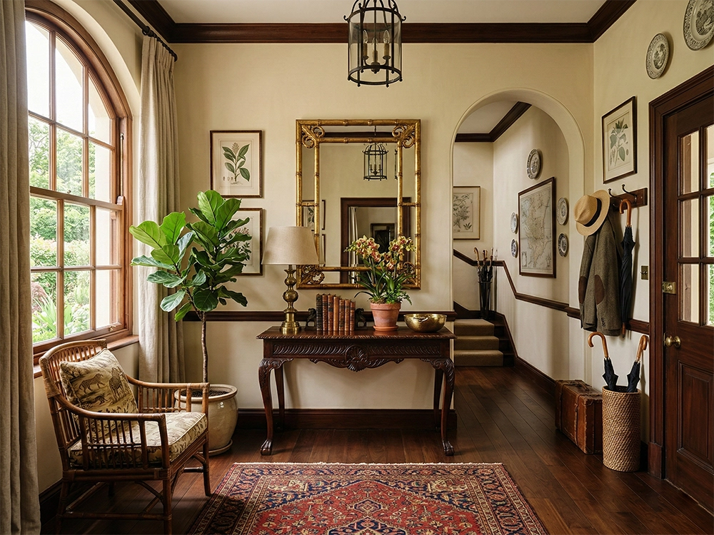 Деревянная консоль с книгами, прямоугольное зеркало в раме, плетеное кресло и высокое арочное окно.