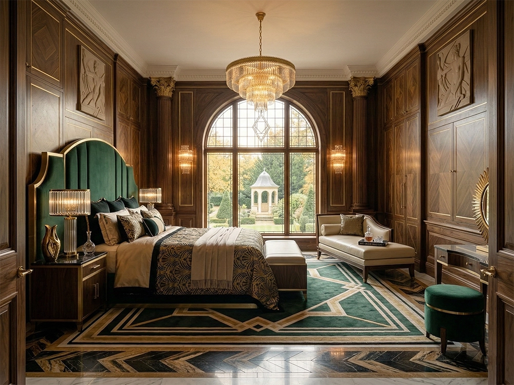 Спальня с деревянными стенами, зеленой спинкой кровати, панорамным окном и люстрой.