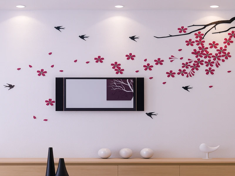 Вариант декора стены с использованием крупных виниловых наклеек для обновления дизайна комнаты