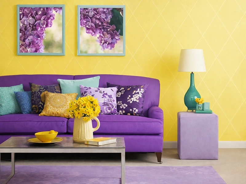Интерьер гостиной, совмещающий сиреневые стены с оранжевыми креслами и песочными декоративными подушками.