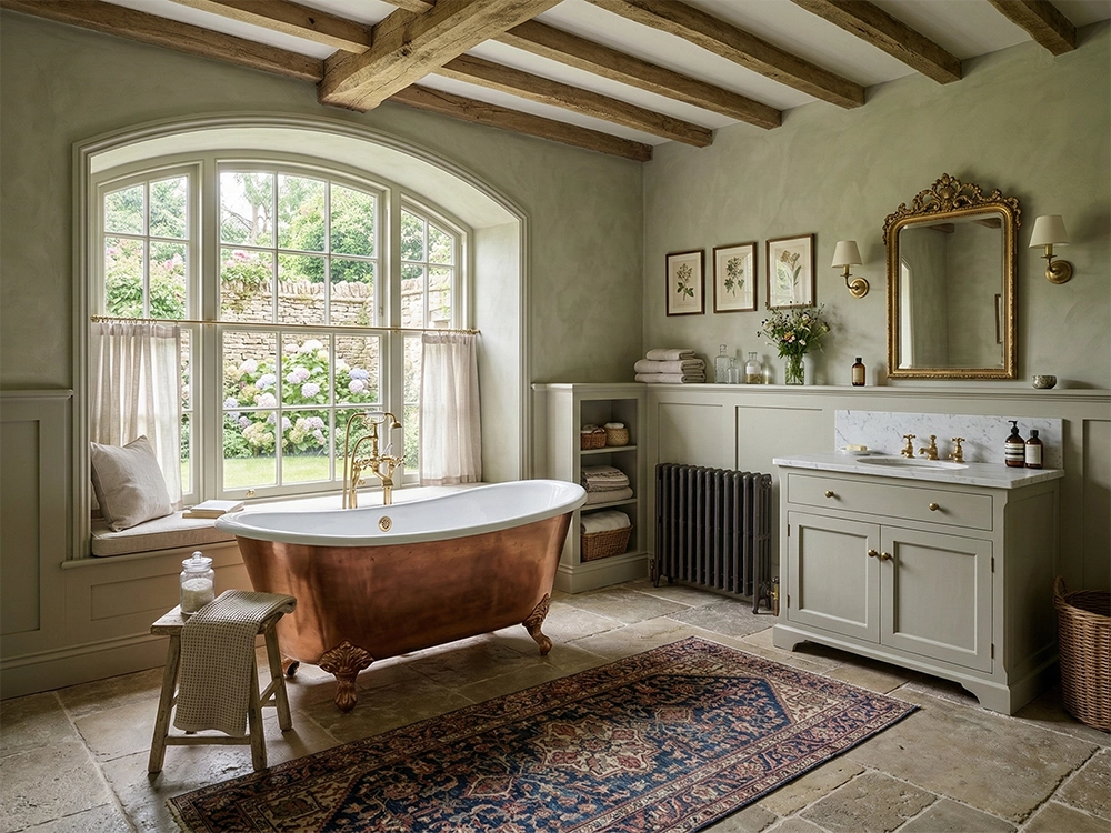 Ванная комната с медной ванной, зеленой отделкой стен, каменным полом, тумбой и арочным окном