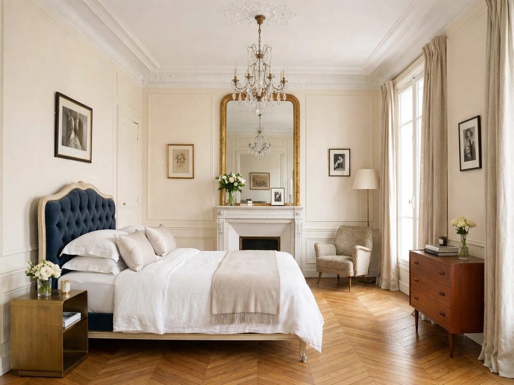 Спальня с синей кроватью и камином с зеркалом