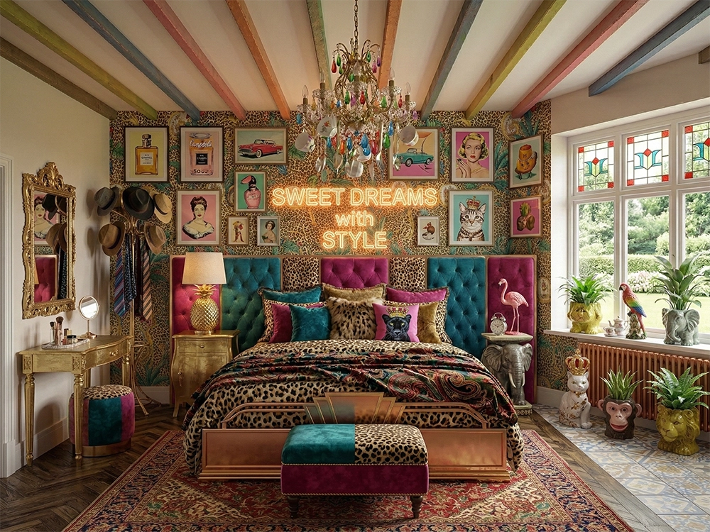 Большая кровать с леопардовым бельем, разноцветное бархатное изголовье, неон и тумбочка слон.