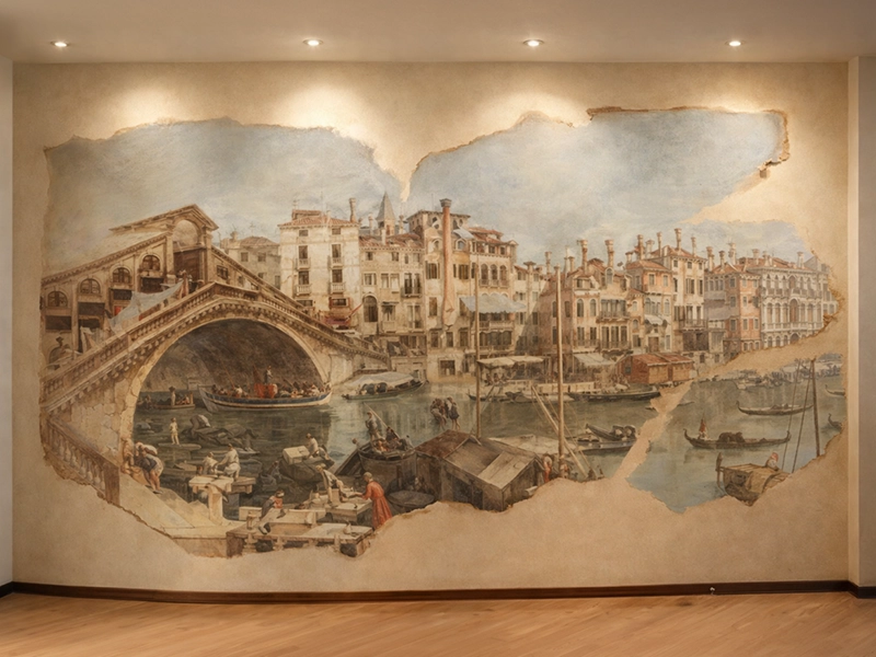 Художественная фреска на стене кухни с изображением старинной архитектуры и пейзажа.