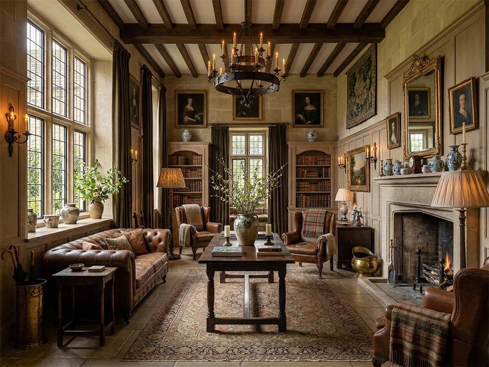 Кожаный диван, кресла, каменный камин, деревянные книжные шкафы и балки на потолке