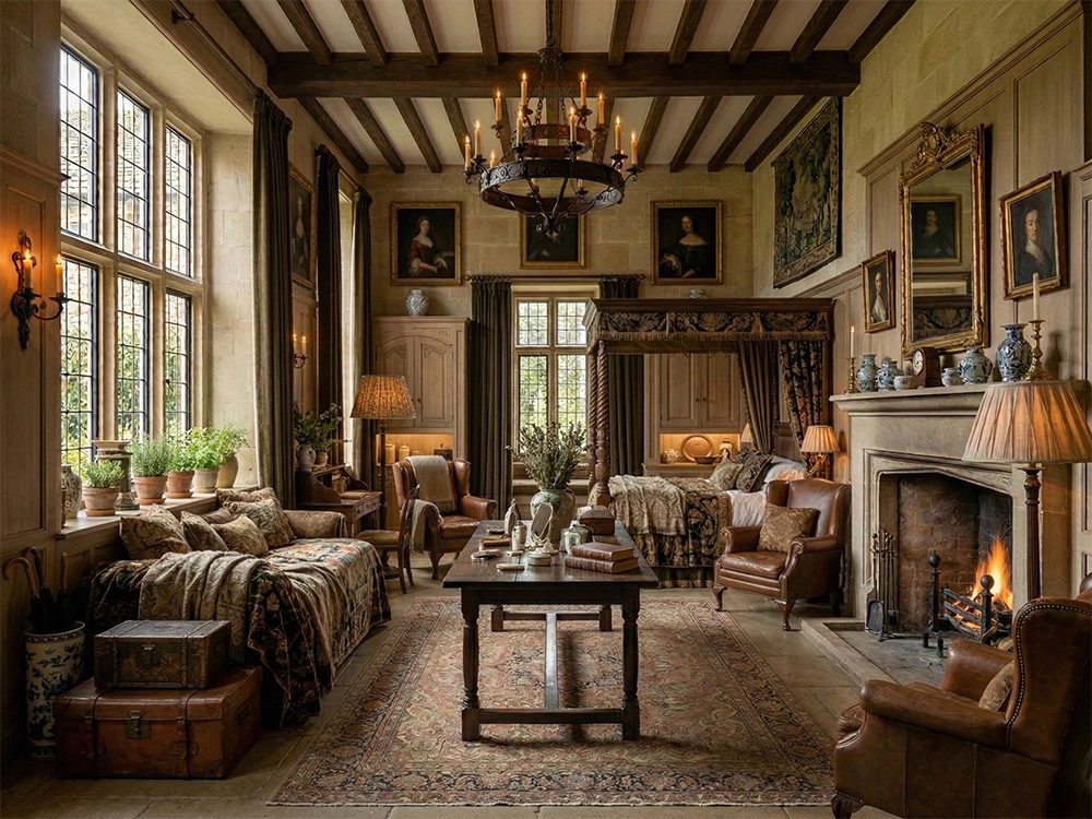 Кровать с балдахином, кожаное кресло, каменный камин, стол, деревянные шкафы и ковер