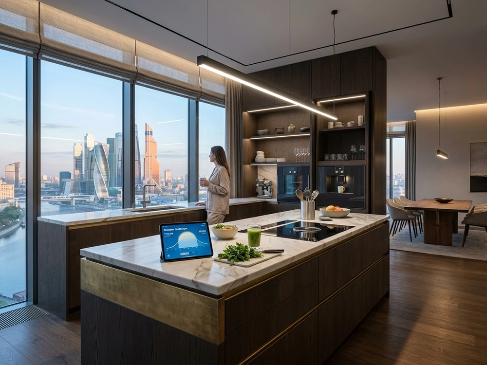 Кухня, оборудованная светлым мраморным островом, темным гарнитуром, панорамным окном, высотными зданиями