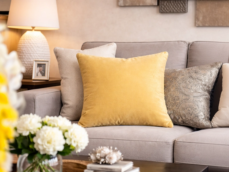 Декоративная подушка оранжевого цвета на коричневом диване