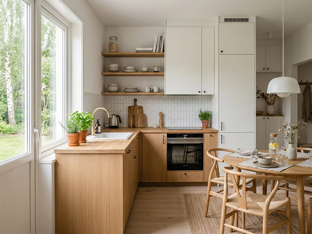 Вместительный деревянный гарнитур, светлая столешница, полки, обеденный стол, плетеные кресла, большое окно.