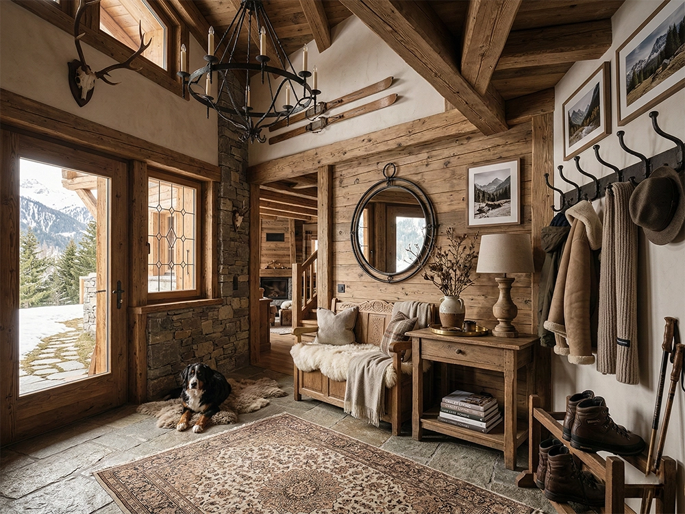 Помещение с деревянными стенами, каменным полом, скамьей со шкурой, круглой рамой зеркала и собакой