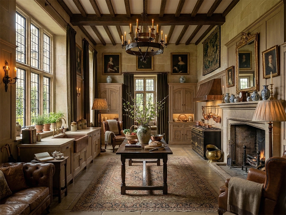 Деревянные шкафы, кухонный остров, каменный камин, медная посуда на плите и кресло