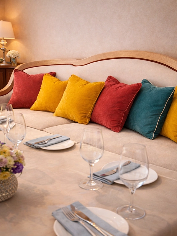 Гостиная со светлым ковром и бежевыми портьерами